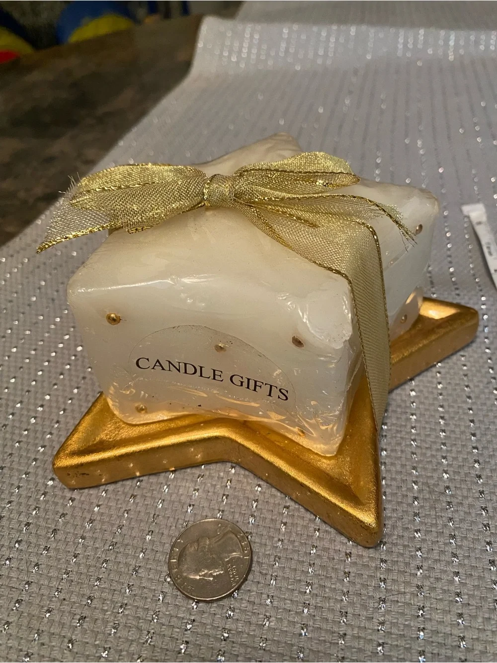 Festive Cream Star Candle with Gold Star Holder and Ribbon
